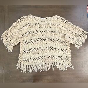 Chico's Beige Macrame Crochet Fringe Poncho Approx M/L